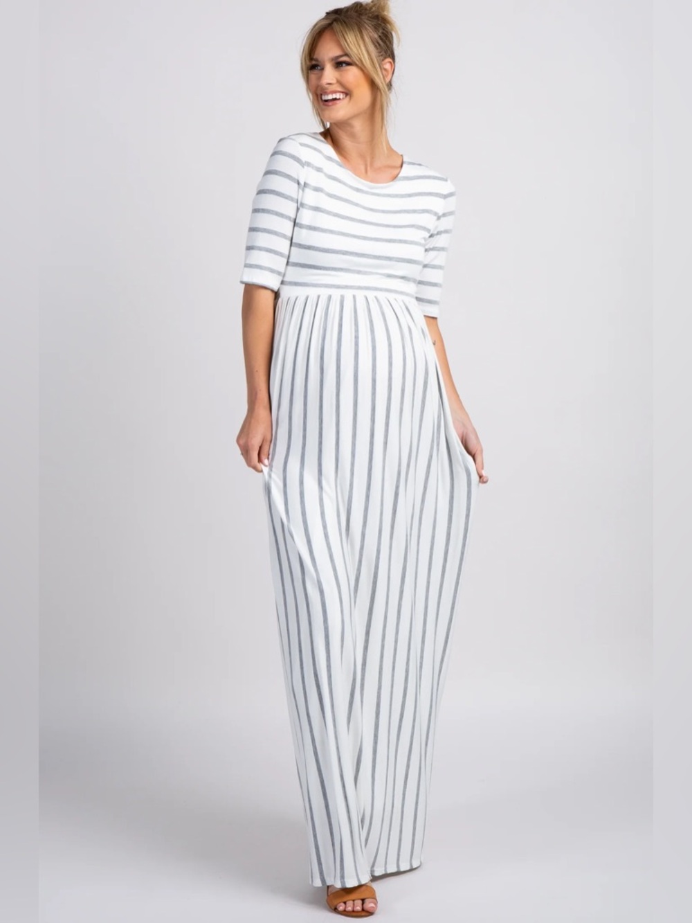 Striped Short-Sleeve Maxi Dress in Cream and Light Gray